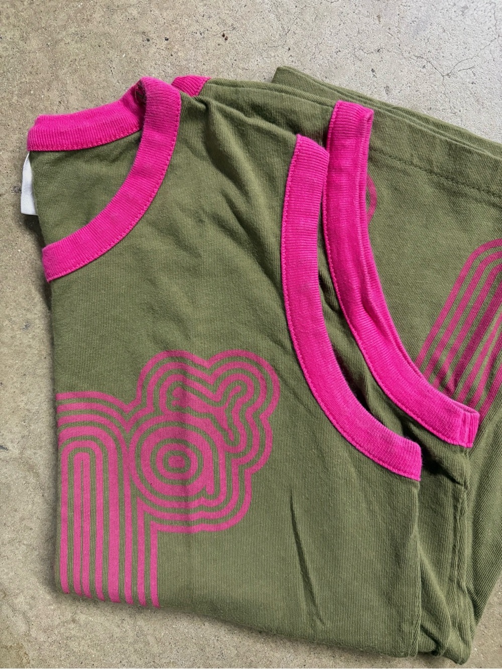 Vintage Puma Olive Green Tee with Bright Pink Trim